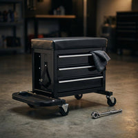 3-Drawer Tool Chest Rolling Mechanic Seat with Tool Trays,350Lbs Max Weight Capacity,Black — Studio Shot
