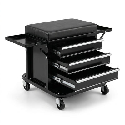 3-Drawer Tool Chest Rolling Mechanic Seat with Tool Trays,350Lbs Max Weight Capacity,Black