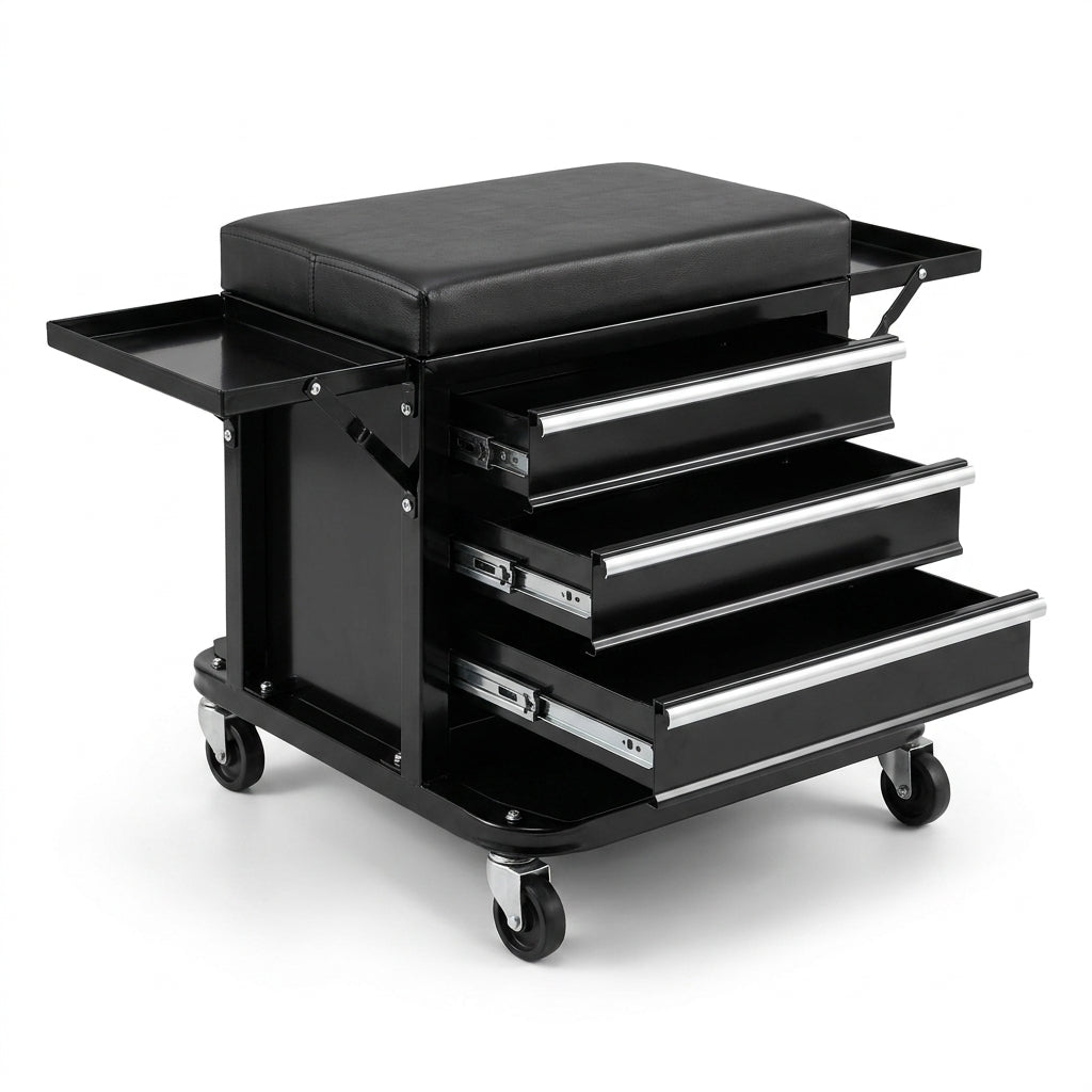 3-Drawer Tool Chest Rolling Mechanic Seat with Tool Trays,350Lbs Max Weight Capacity,Black — Studio Shot