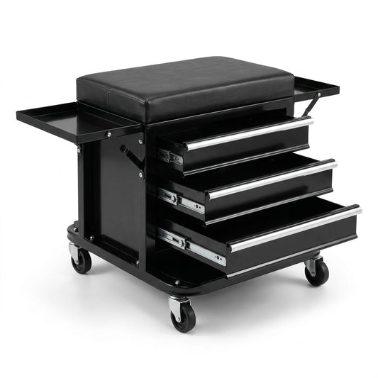 3-Drawer Tool Chest Rolling Mechanic Seat with Tool Trays,350Lbs Max Weight Capacity,Black — Studio Shot