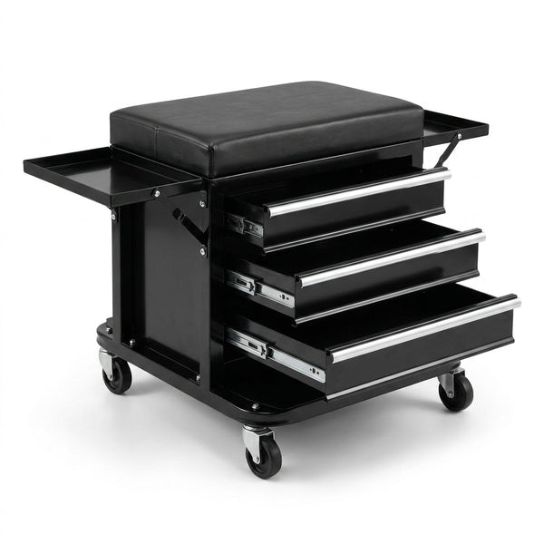 3-Drawer Tool Chest Rolling Mechanic Seat with Tool Trays,350Lbs Max Weight Capacity,Black — Studio Shot