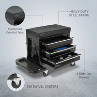 3-Drawer Tool Chest Rolling Mechanic Seat with Tool Trays,350Lbs Max Weight Capacity,Black — infographic