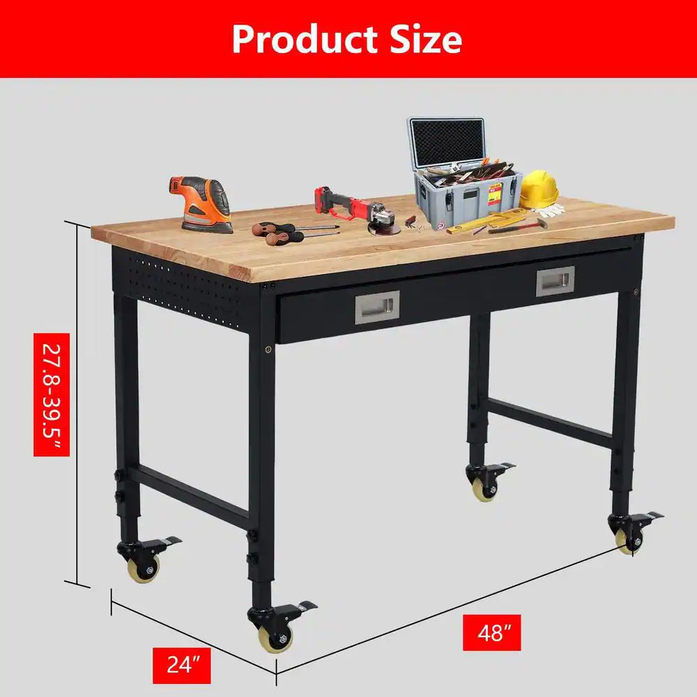48 In. X 24 In. Adjustable Workbench, 2000 Lbs Capacity Heavy Duty Rubber Wood Table with Drawer & 4 Rolling Casters