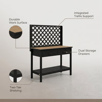 45 .3 In. Outdoor Garden Black Wooden 2-Tier Workbench Trellis with 2-Drawers — infographic