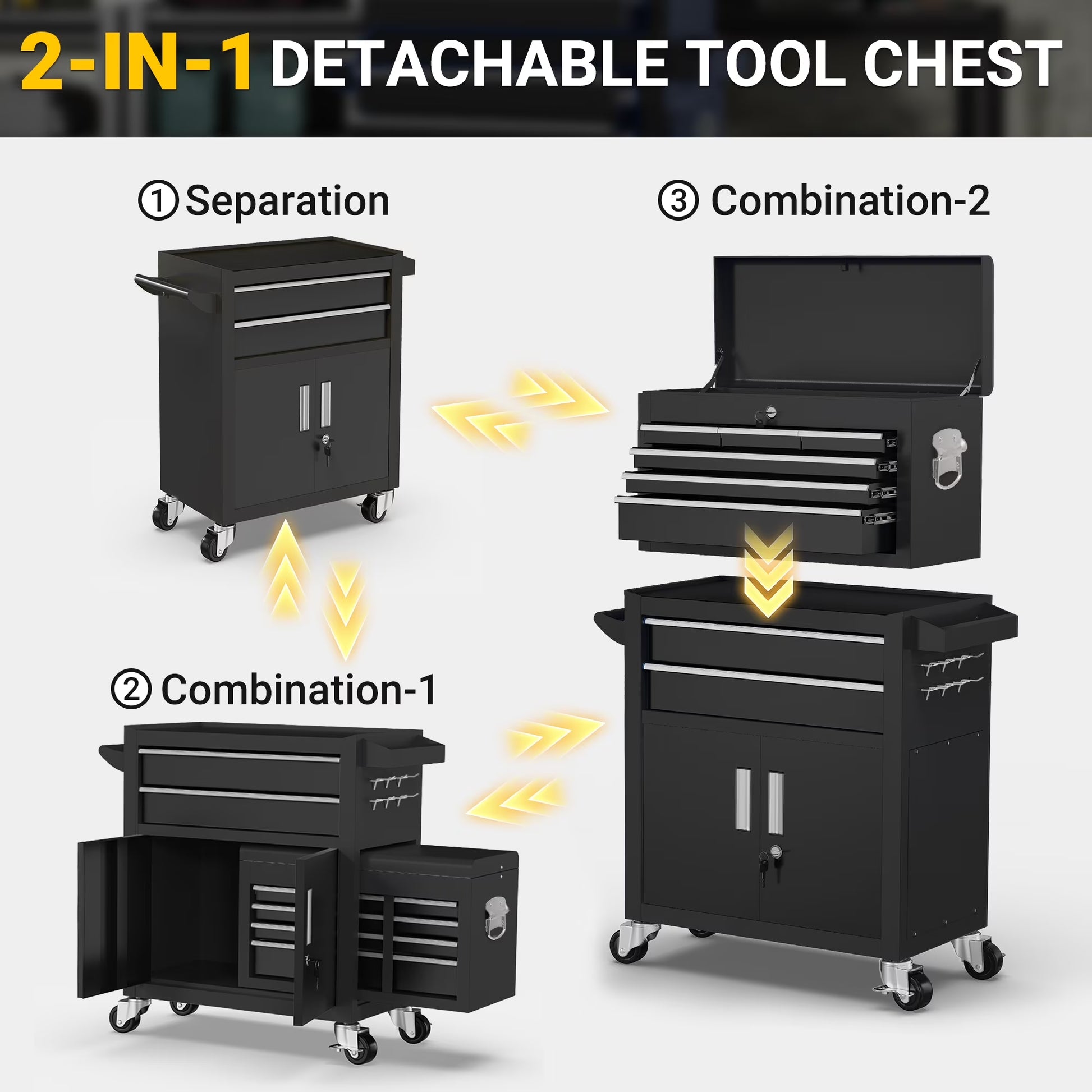 2-IN-1 Tool Chest & Cabinet, Large Capacity 8-Drawer Rolling Tool Box Organizer with Wheels Lockable, Black
