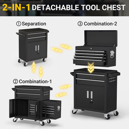 2-IN-1 Tool Chest & Cabinet, Large Capacity 8-Drawer Rolling Tool Box Organizer with Wheels Lockable, Black