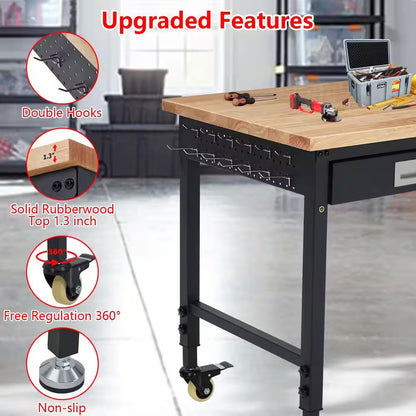 48 In. X 24 In. Adjustable Workbench, 2000 Lbs Capacity Heavy Duty Rubber Wood Table with Drawer & 4 Rolling Casters