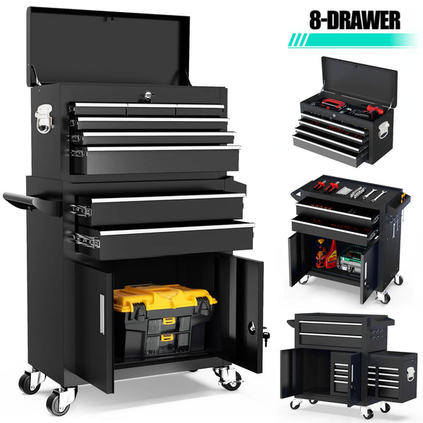 2-IN-1 Tool Chest & Cabinet, Large Capacity 8-Drawer Rolling Tool Box Organizer with Wheels Lockable, Black