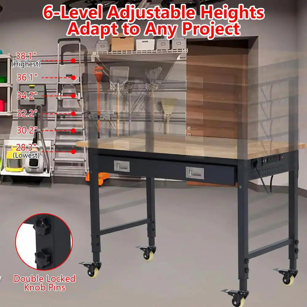 48 In. X 24 In. Adjustable Workbench, 2000 Lbs Capacity Heavy Duty Rubber Wood Table with Drawer & 4 Rolling Casters